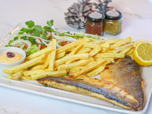 Sea bass with salad & chips