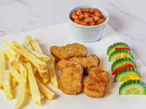 Chicken nuggets, chips & beans/cucumber
