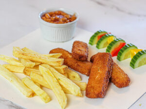 Fish fingers, chips & beans/cucumber